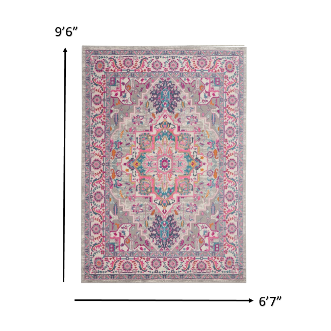 7’ x 10’ Light Gray and Pink Medallion Area Rug Light Grey/Pink. Picture 7