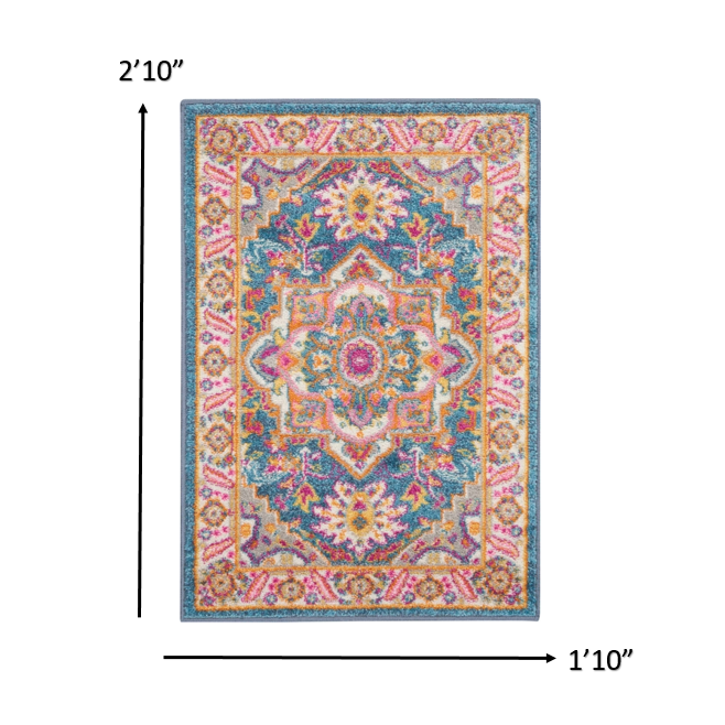 2’ x 3’ Teal and Pink Medallion Scatter Rug Teal Multicolor. Picture 7