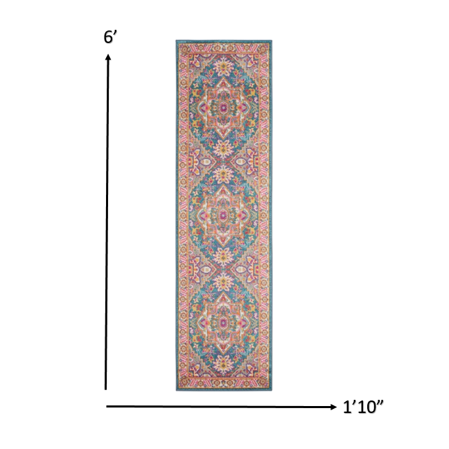 2’ x 6’ Teal and Pink Medallion Runner Rug Teal Multicolor. Picture 5