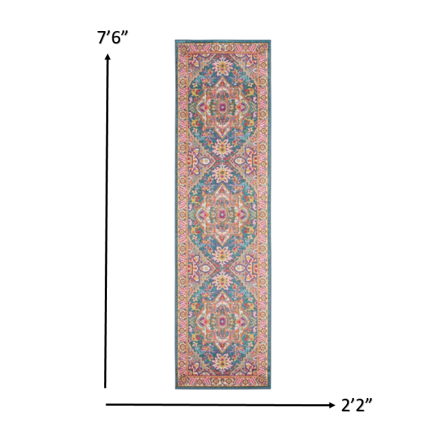 2’ x 8’ Teal and Pink Medallion Runner Rug Teal Multicolor. Picture 5