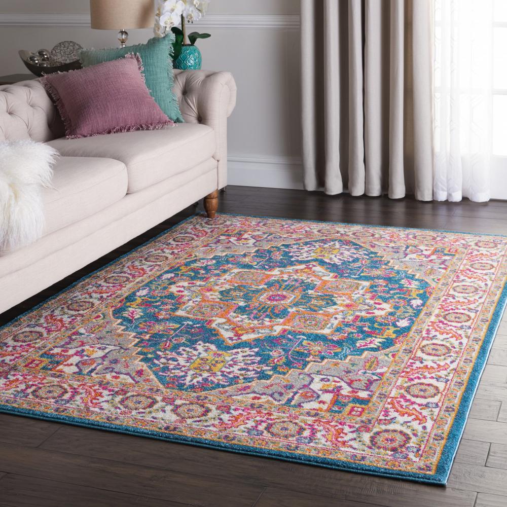 4’ x 6’ Teal and Pink Medallion Area Rug Teal Multicolor. Picture 6