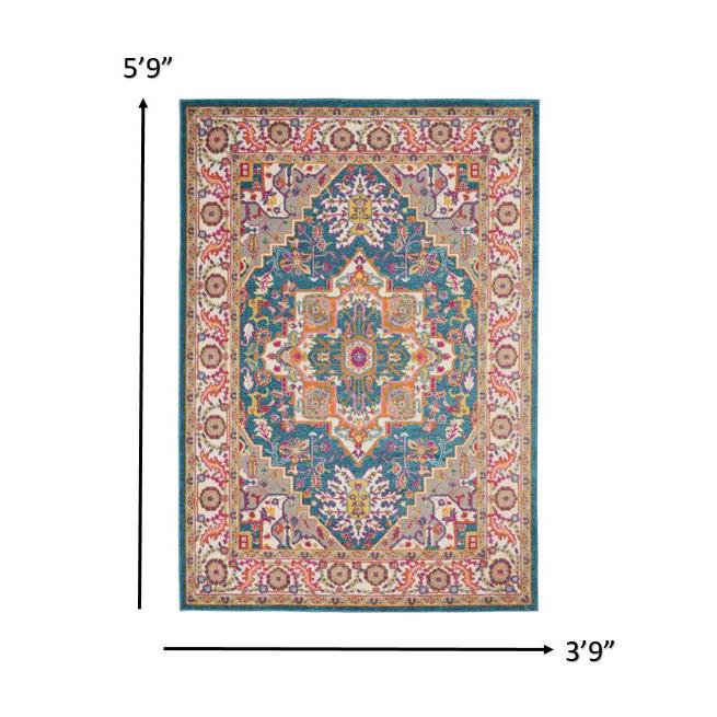 4’ x 6’ Teal and Pink Medallion Area Rug Teal Multicolor. Picture 7