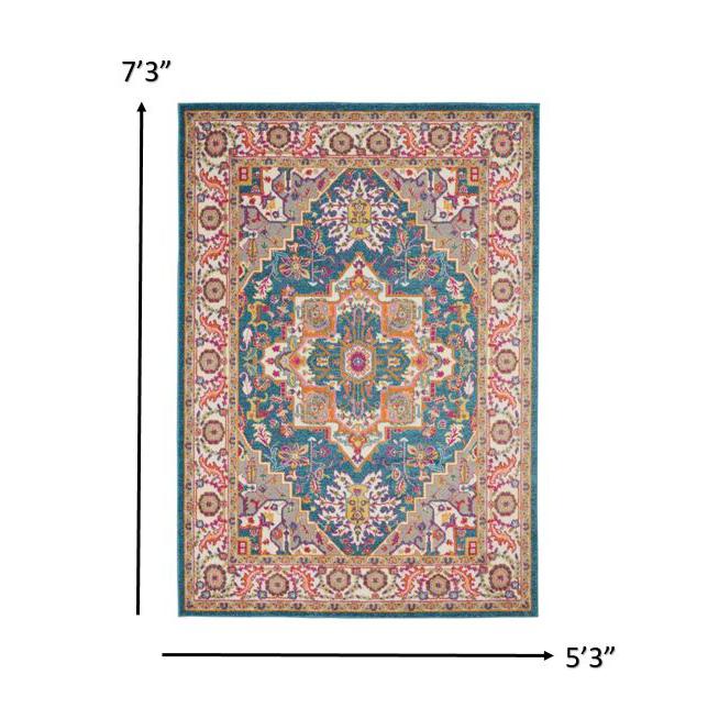 5’ x 7’ Teal and Pink Medallion Area Rug Teal Multicolor. Picture 7