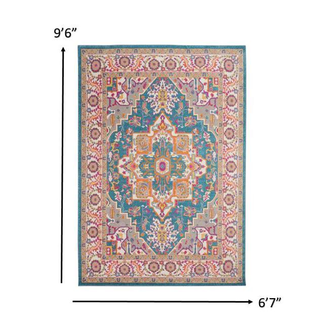 7’ x 10’ Teal and Pink Medallion Area Rug Teal Multicolor. Picture 7