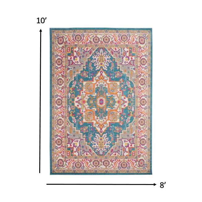 8’ x 10’ Teal and Pink Medallion Area Rug Teal Multicolor. Picture 7