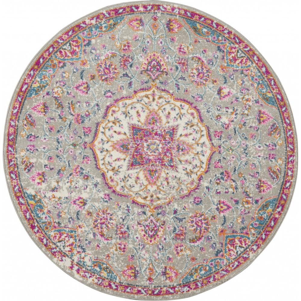 4’ Round Gray and Pink Medallion Area Rug - 385520. Picture 1