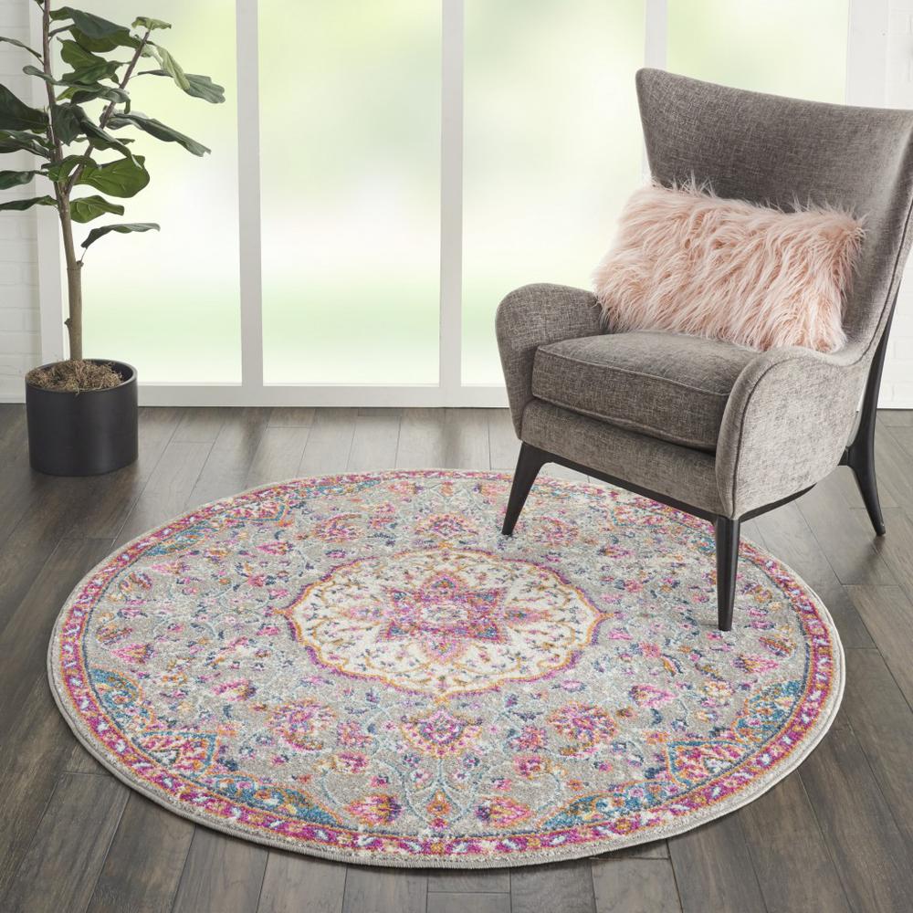 4’ Round Gray and Pink Medallion Area Rug - 385520. Picture 4