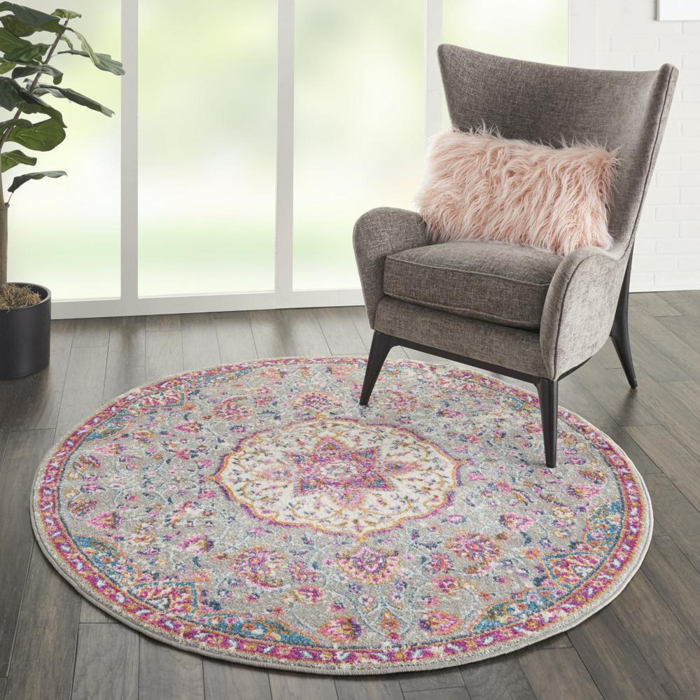 4’ Round Gray and Pink Medallion Area Rug - 385520. Picture 6