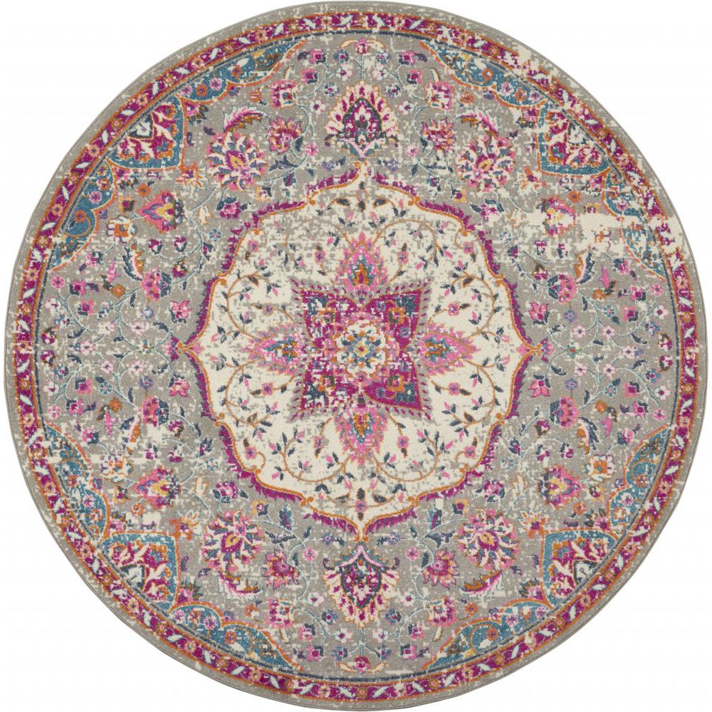 8’ Round Gray and Pink Medallion Area Rug - 385525. Picture 1