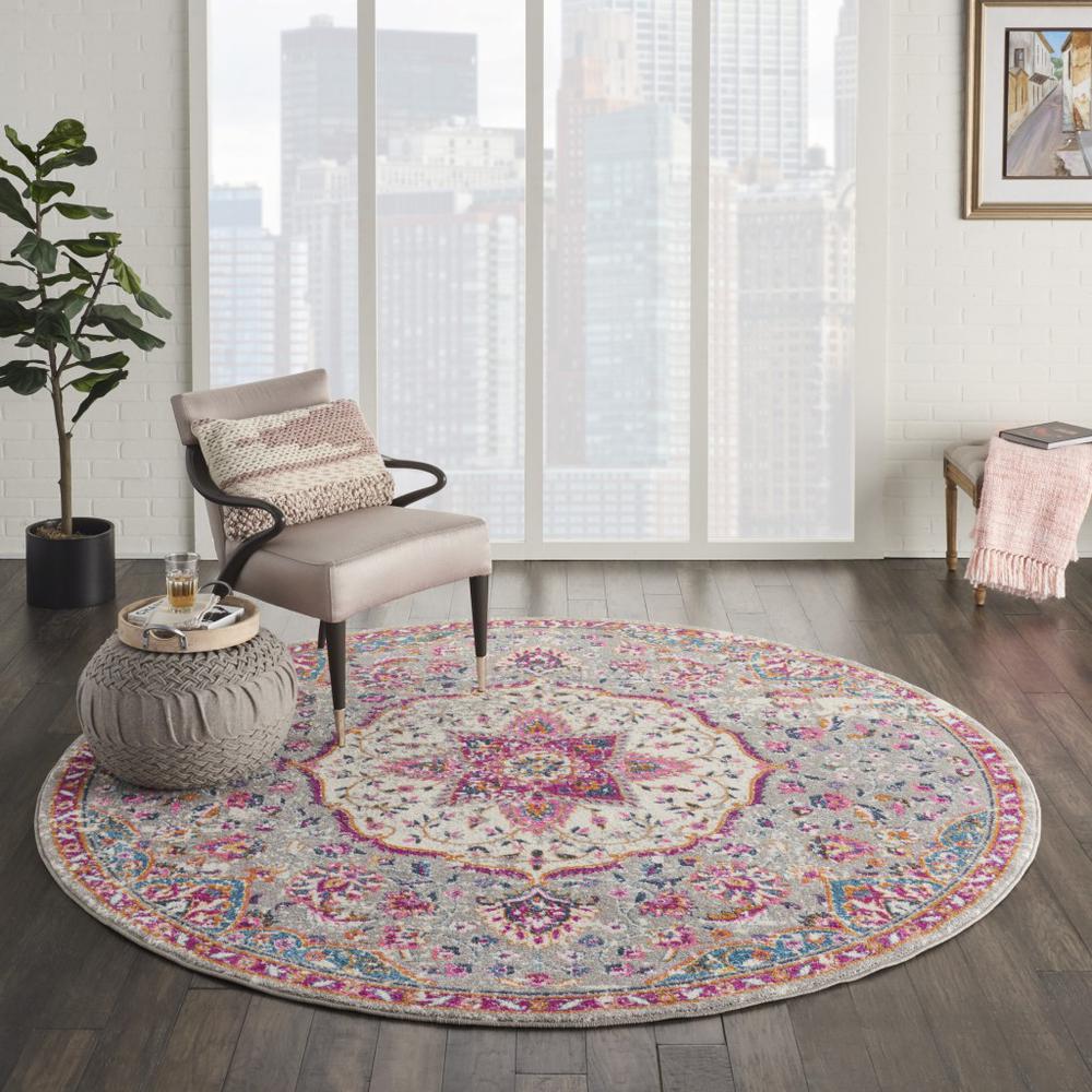 8’ Round Gray and Pink Medallion Area Rug - 385525. Picture 4