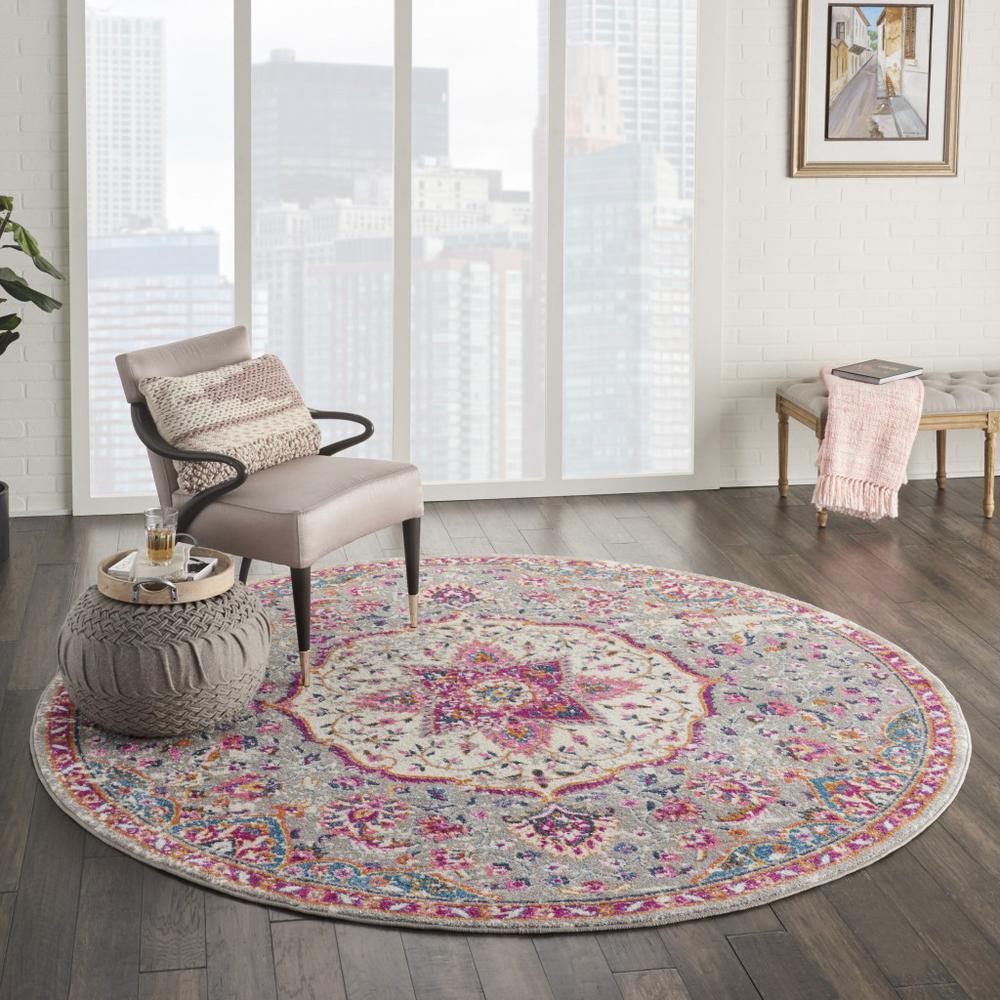 8’ Round Gray and Pink Medallion Area Rug - 385525. Picture 6