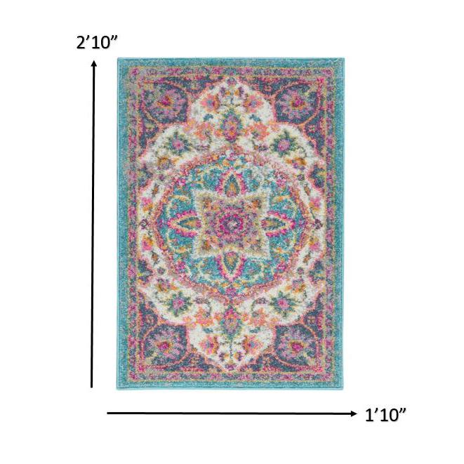 2’ x 3’ Pink and Blue Floral Medallion Scatter Rug Ivory/Multi. Picture 7