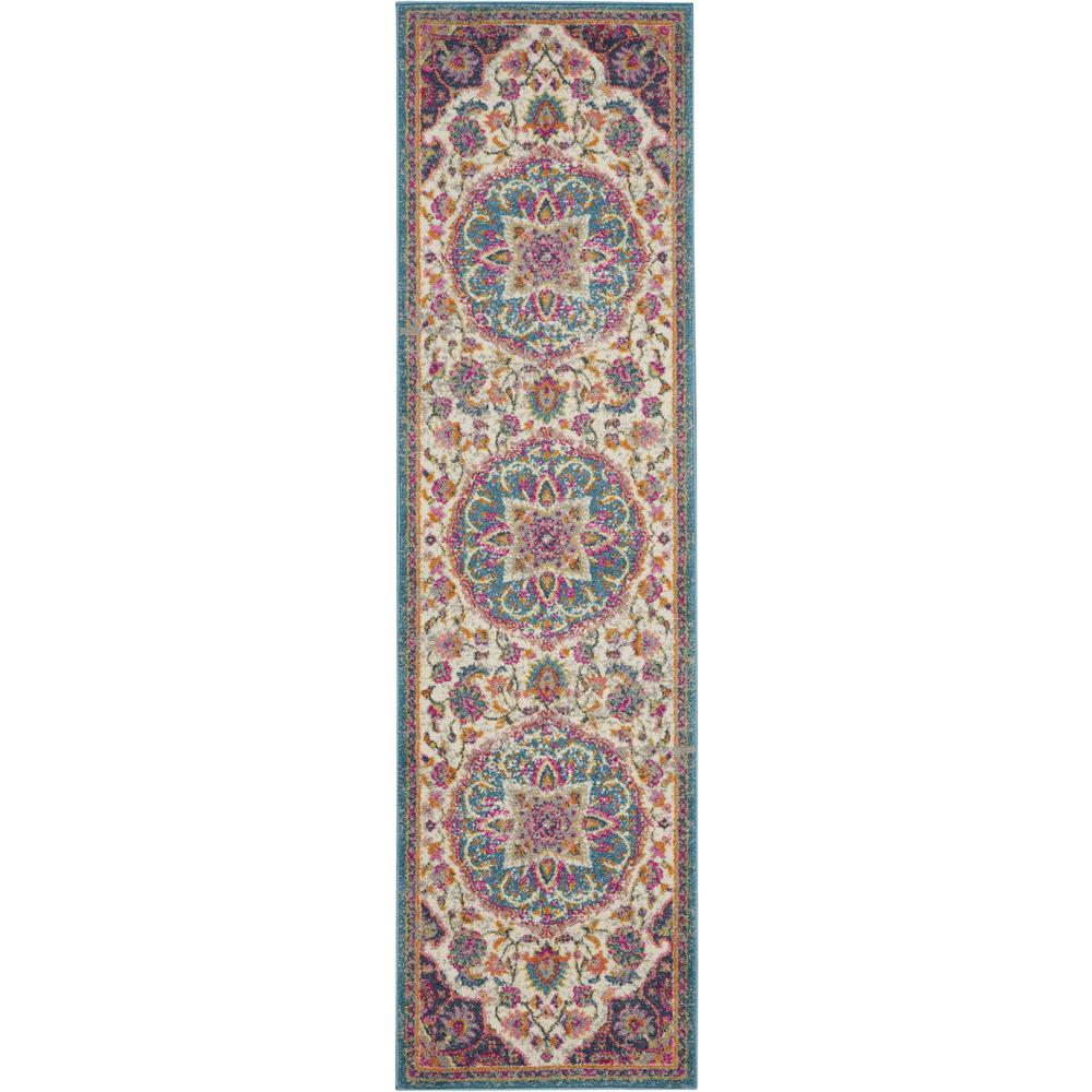 2’ x 8' Pink and Blue Floral Medallion Runner Rug Ivory/Multi. Picture 1