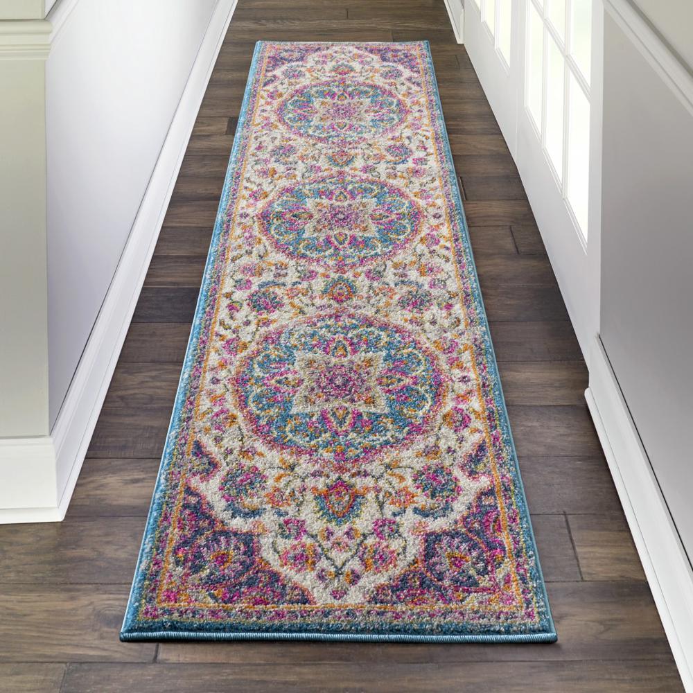 2’ x 8' Pink and Blue Floral Medallion Runner Rug Ivory/Multi. Picture 4