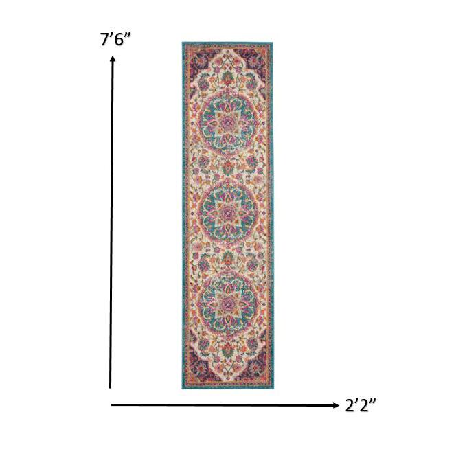 2’ x 8' Pink and Blue Floral Medallion Runner Rug Ivory/Multi. Picture 5