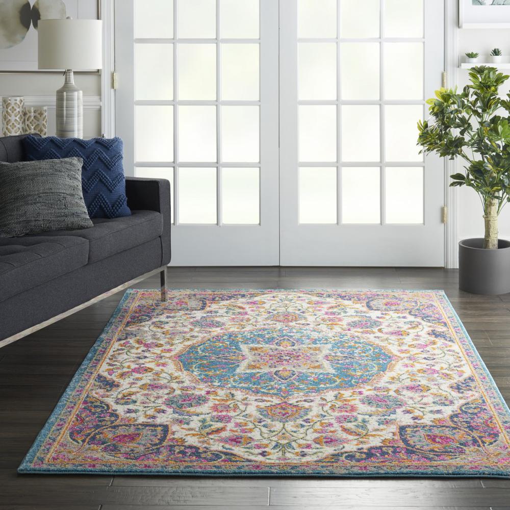 4’ x 6’ Pink and Blue Floral Medallion Area Rug Ivory/Multi. Picture 4