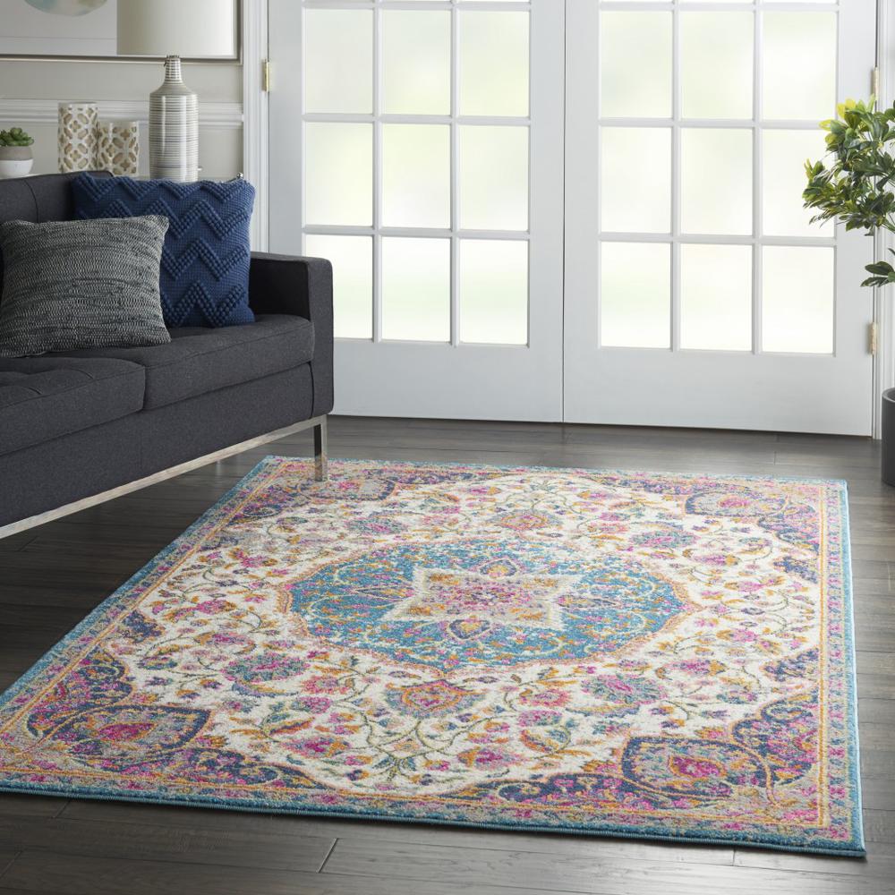 4’ x 6’ Pink and Blue Floral Medallion Area Rug Ivory/Multi. Picture 6