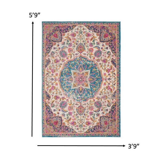 4’ x 6’ Pink and Blue Floral Medallion Area Rug Ivory/Multi. Picture 7