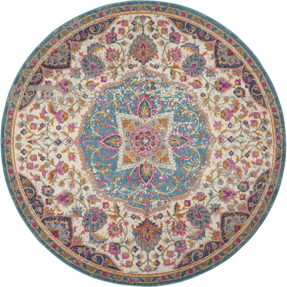 4’ Round Pink and Blue Floral Medallion Area Rug Ivory/Multi. Picture 1