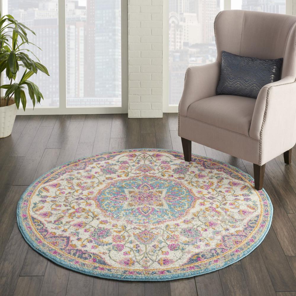 4’ Round Pink and Blue Floral Medallion Area Rug Ivory/Multi. Picture 4