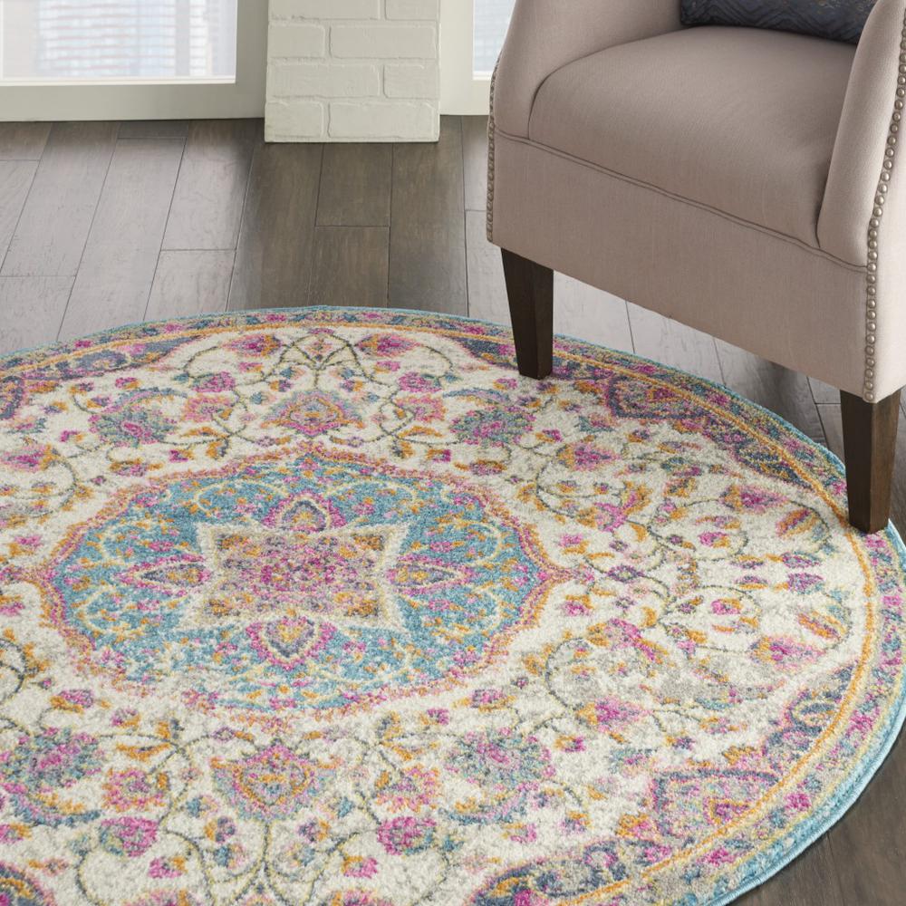 4’ Round Pink and Blue Floral Medallion Area Rug Ivory/Multi. Picture 5