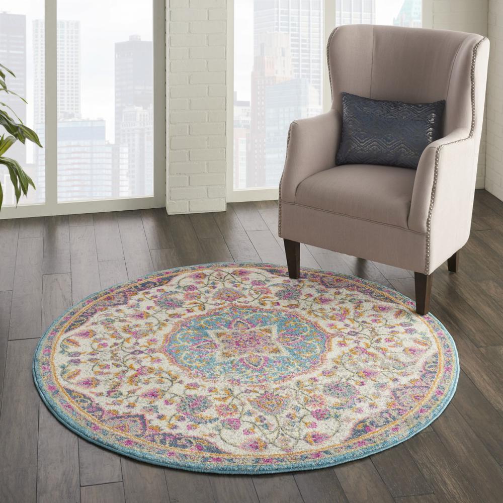 4’ Round Pink and Blue Floral Medallion Area Rug Ivory/Multi. Picture 6