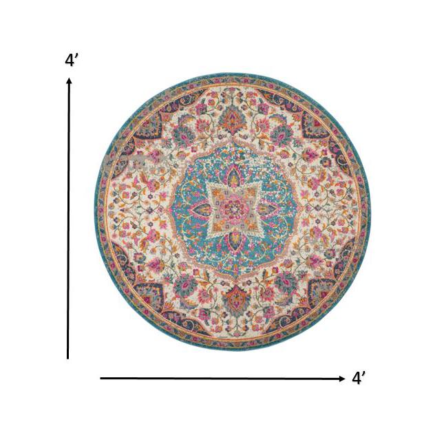 4’ Round Pink and Blue Floral Medallion Area Rug Ivory/Multi. Picture 7