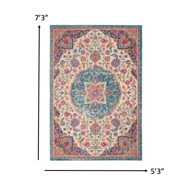5’ x 7’ Pink and Blue Floral Medallion Area Rug Ivory/Multi. Picture 7