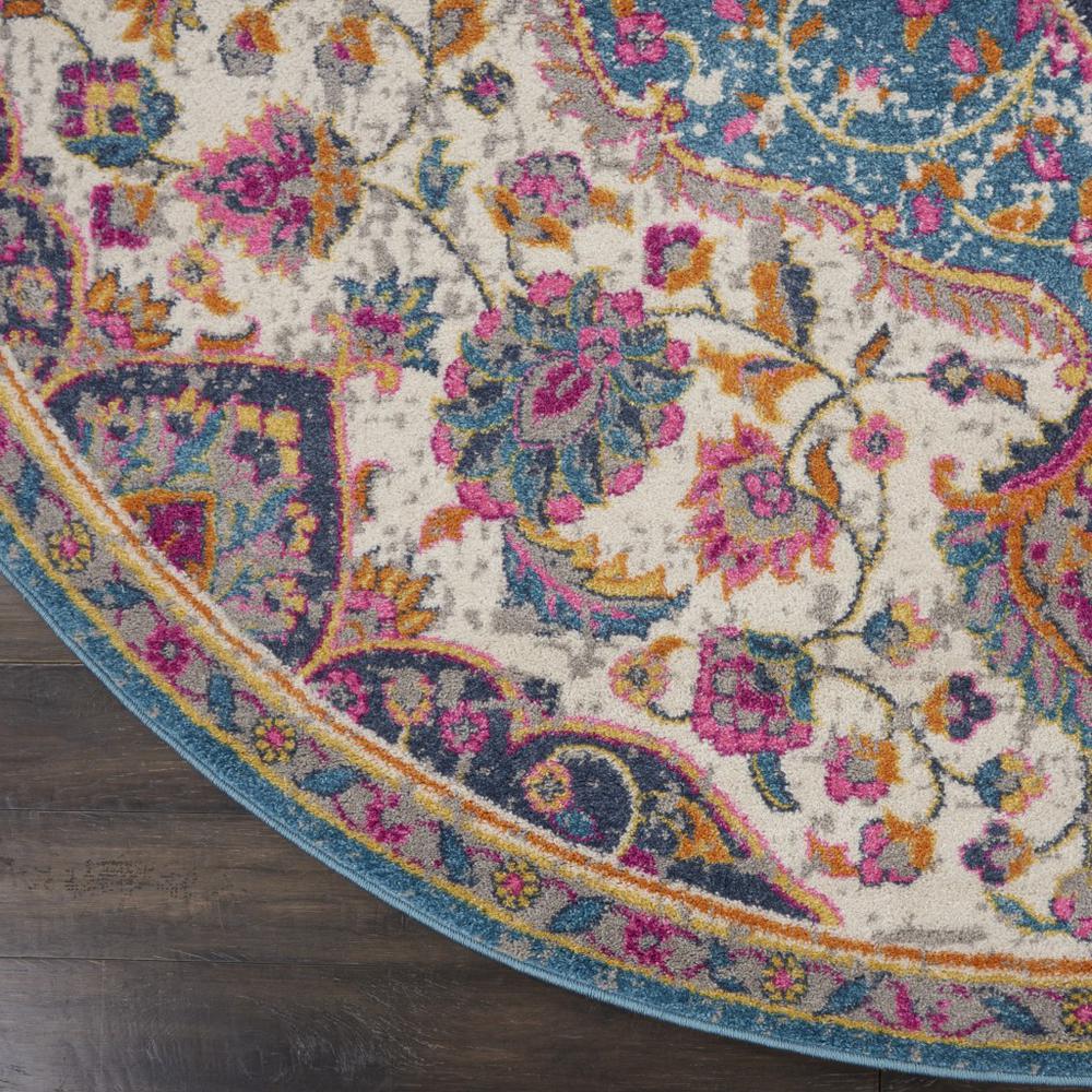 5’ Round Pink and Blue Floral Medallion Area Rug Ivory/Multi. Picture 2