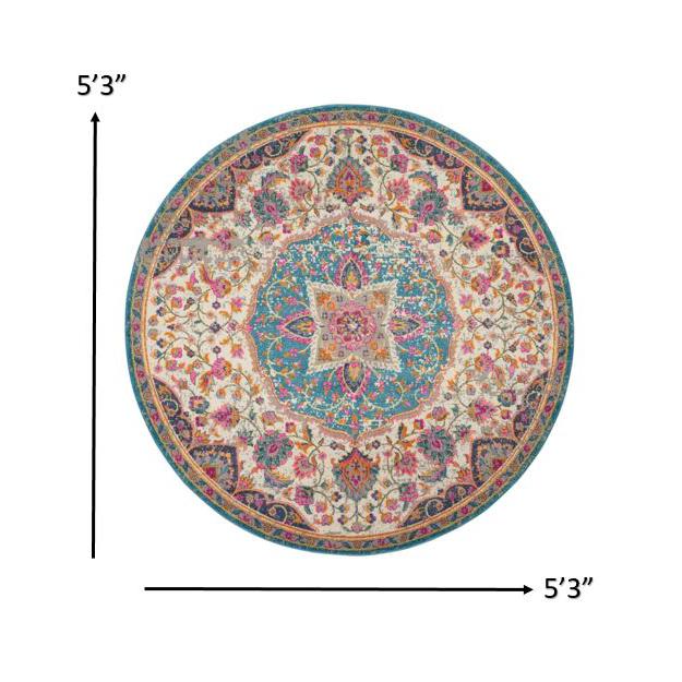 5’ Round Pink and Blue Floral Medallion Area Rug Ivory/Multi. Picture 7