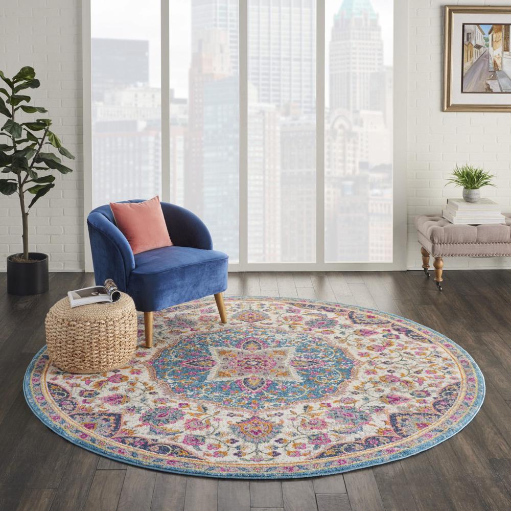 8’ Round Pink and Blue Floral Medallion Area Rug Ivory/Multi. Picture 4