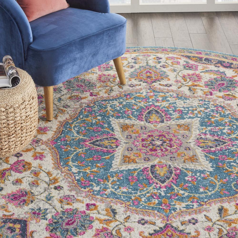 8’ Round Pink and Blue Floral Medallion Area Rug Ivory/Multi. Picture 5