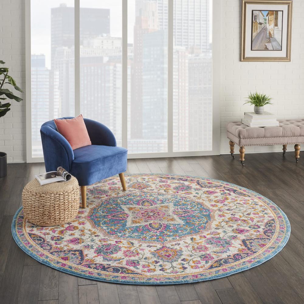 8’ Round Pink and Blue Floral Medallion Area Rug Ivory/Multi. Picture 6
