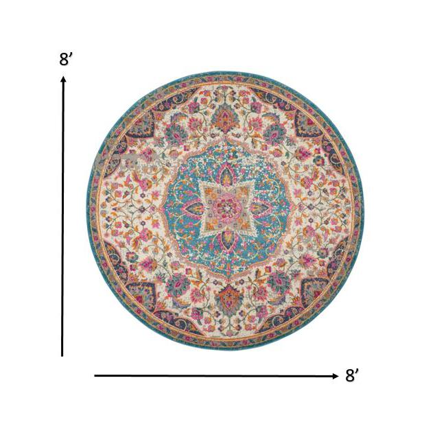 8’ Round Pink and Blue Floral Medallion Area Rug Ivory/Multi. Picture 7