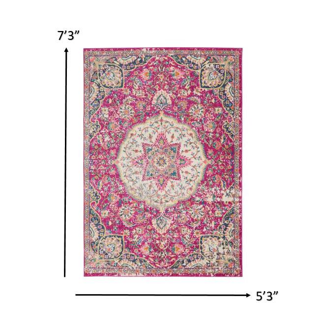 5’ x 7’ Pink and Ivory Medallion Area Rug Pink. Picture 7