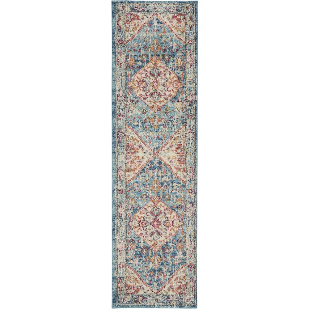 2’ x 8’ Ivory and Light Blue Distressed Runner Rug Ivory/Light Blue. Picture 1