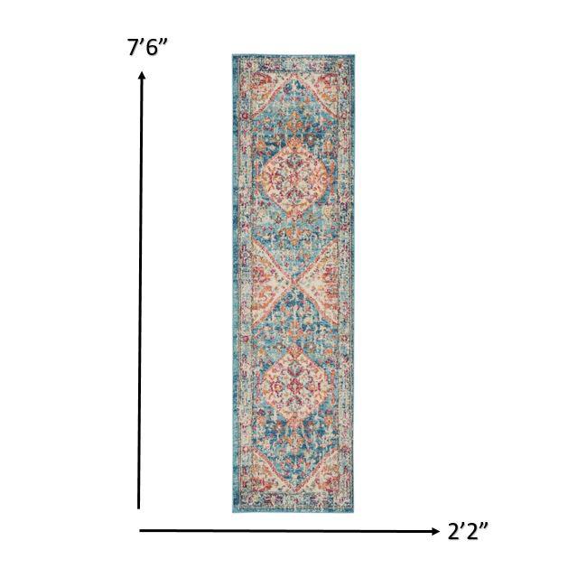 2’ x 8’ Ivory and Light Blue Distressed Runner Rug Ivory/Light Blue. Picture 5