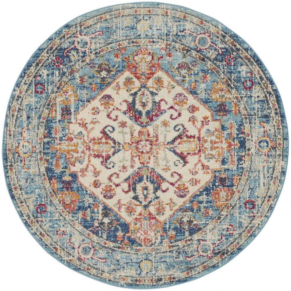 4’ Round Ivory and Light Blue Distressed Area Rug Ivory/Light Blue. Picture 1