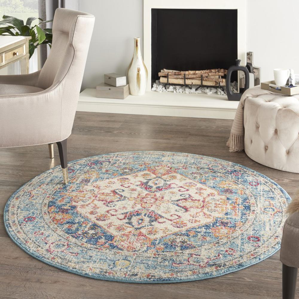 4’ Round Ivory and Light Blue Distressed Area Rug Ivory/Light Blue. Picture 4