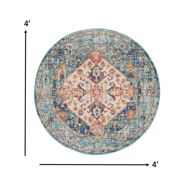 4’ Round Ivory and Light Blue Distressed Area Rug Ivory/Light Blue. Picture 7