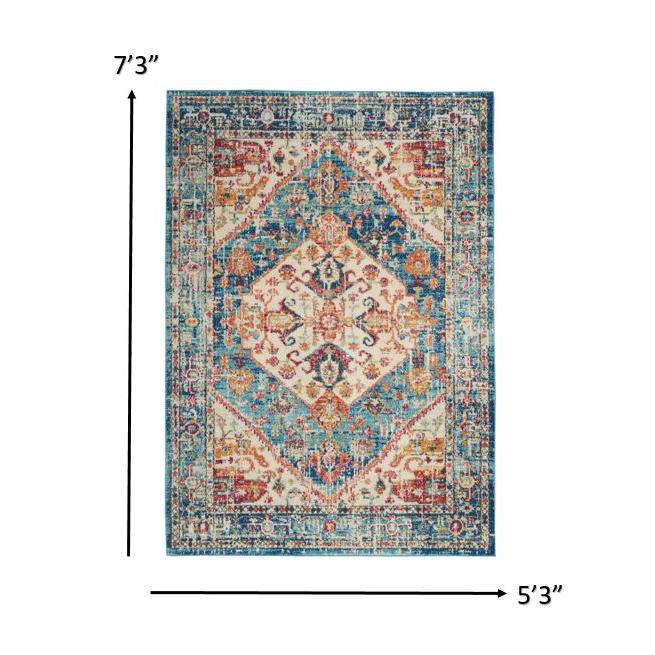 5’ x 7’ Ivory and Light Blue Distressed Area Rug Ivory/Light Blue. Picture 7