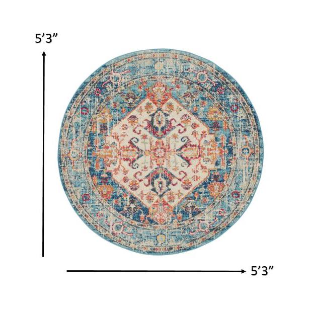 5’ Round Ivory and Light Blue Distressed Area Rug Ivory/Light Blue. Picture 7