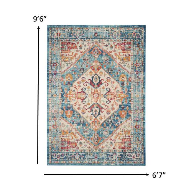 7’ x 10’ Ivory and Light Blue Distressed Area Rug Ivory/Light Blue. Picture 7