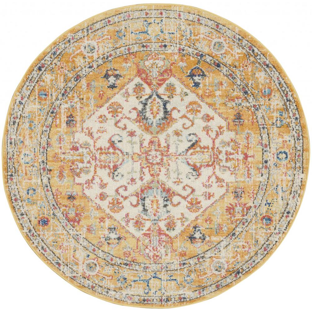4’ Round Ivory and Yellow Center Medallion Area Rug Ivory/Yellow. Picture 1