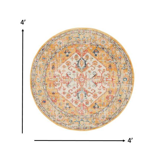 4’ Round Ivory and Yellow Center Medallion Area Rug Ivory/Yellow. Picture 7