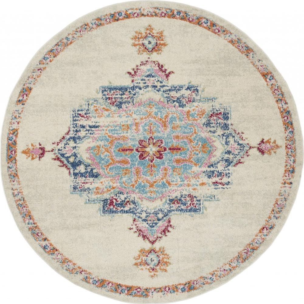 5’ Round Gray Distressed Medallion Area Rug Grey/Multi. Picture 1