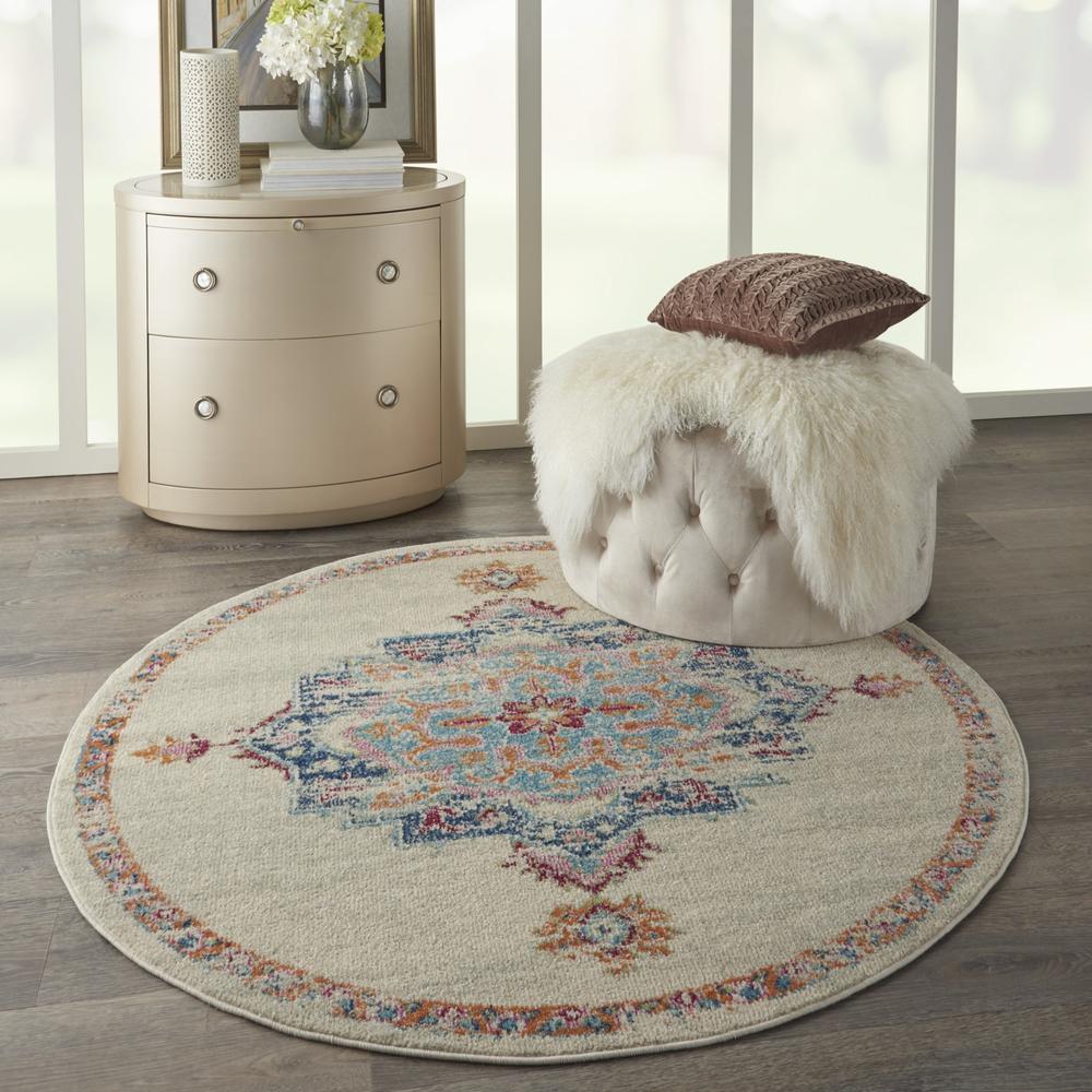 5’ Round Gray Distressed Medallion Area Rug Grey/Multi. Picture 6