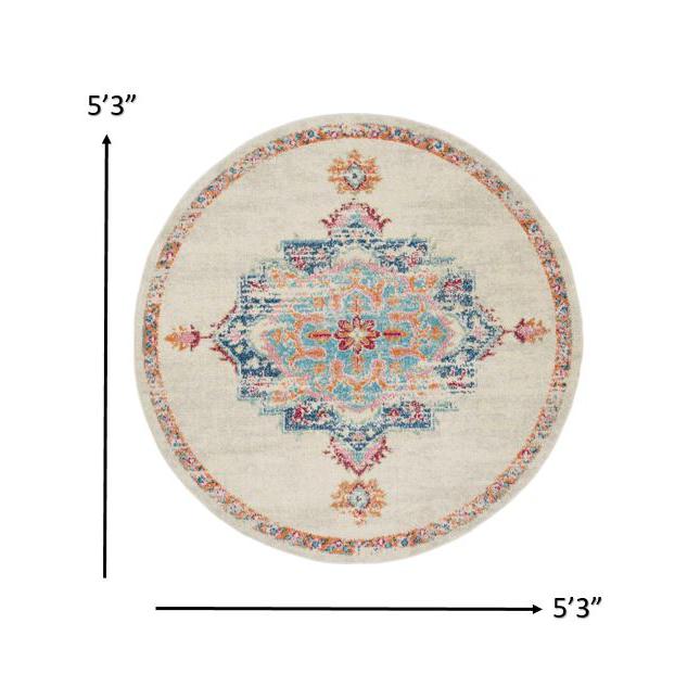 5’ Round Gray Distressed Medallion Area Rug Grey/Multi. Picture 7