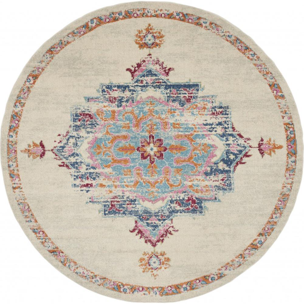 8’ Round Gray Distressed Medallion Area Rug Grey/Multi. Picture 1