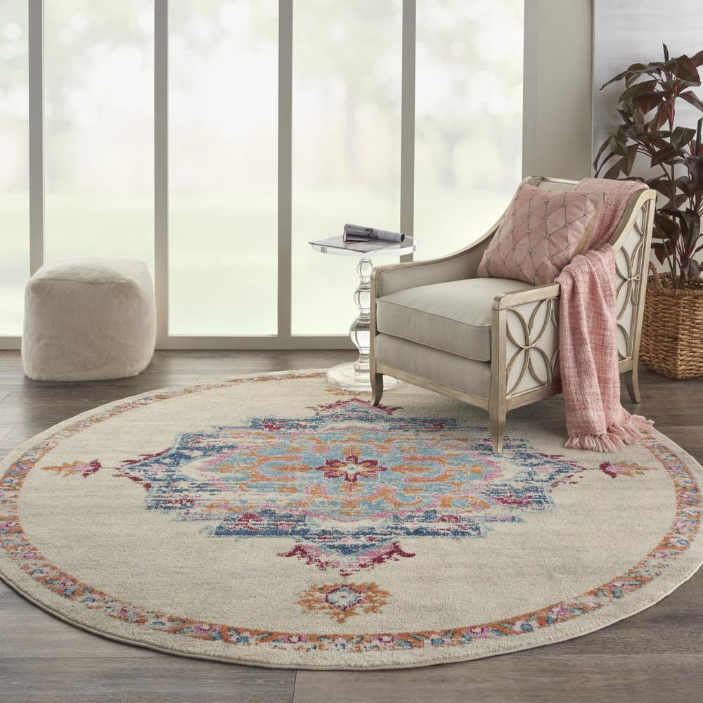 8’ Round Gray Distressed Medallion Area Rug Grey/Multi. Picture 4
